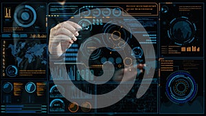 Hands Interacting with Futuristic Digital Dashboard Displaying Data Analytics and Visualizations in a Dark Interface