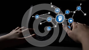 Hands Engaging with Digital Interface Representing Artificial Intelligence, Data, and Technology Concepts on Laptop