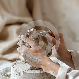 Close-up view of hands molding a piece of clay on a pottery wheel