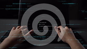 Hands Typing on Keyboard with Code and Programming Lines, Concept of Software Development and Technology in Dark