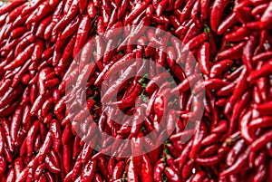 Close up view of hanging hot dried chili peppers on the local farmers market Mercado dos Lavradores in Funchal Madeira