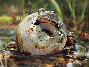 A close-up view of a hatchling emerging from an egg in a murky pond, surrounded by tadpoles and a curious polliwog