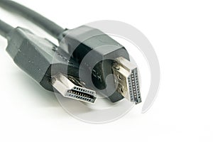 Close-up view of HDMI cables on a white background