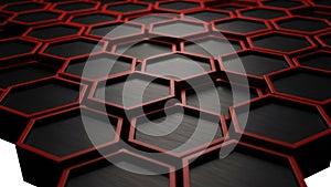 A close-up view of a hexagonal pattern with red and black tiles