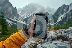 Close-up view of a hiker using smartphone& x27;s GPS app in mountain travel.