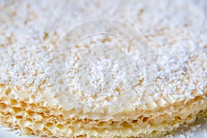 Close up view of homemade waffle cake with condensed milk and coconut flakes