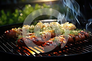 Close-up view of hot dogs cooking on grill. Perfect for summer barbecues and outdoor cookouts