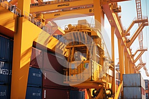 Close up view of a huge port crane. Containers are stacked on the loading platform and ready to be loaded onto the