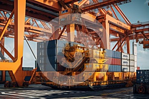 Close up view of a huge port crane. Containers are stacked on the loading platform and ready to be loaded onto the