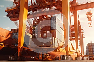 Close up view of a huge port crane. Containers are stacked on the loading platform and ready to be loaded onto the