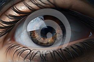 Close up view of human brown eye with eye lashes