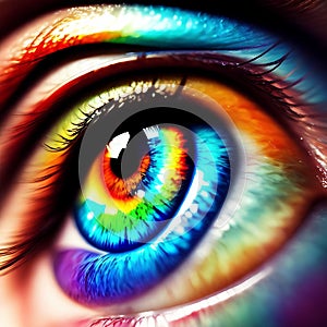 A close-up view of the human eye, a rainbow-colored iris with a multi-colored glow.