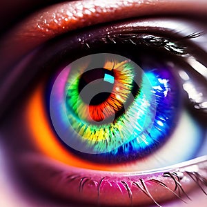 A close-up view of the human eye, a rainbow-colored iris with a multi-colored glow.