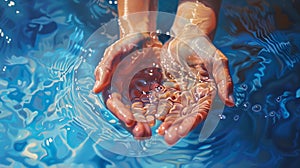 Close-up View of Human Hands Gently Cupping Water, Symbolizing Care and Environment Conservation. Serene and Pure