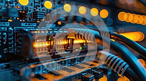 Fiber Optic Cables Connected to a Switch and Server in Data Center