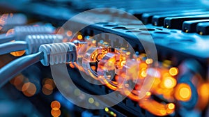 Fiber Optic Cables Connected to a Server Rack in Data Center.