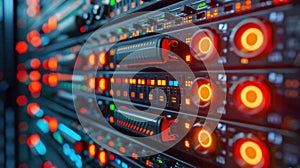 Data Center Server Racks with Glowing Lights for Cloud Computing and Technology