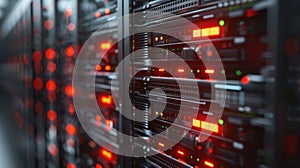Data Center Server Racks with Red Lights: Power, Network, and High-Speed Computing.