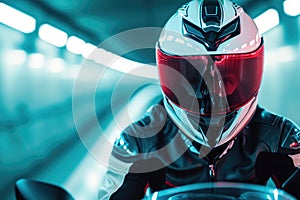 Close-up view image of professional motorbike rider riding motorcycle in a tunnel