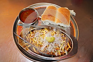 Close up view of indian street food in Mumbai- Misal Pav.