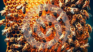 close-up view of industrious bees at work on honey cells