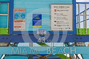 Close-up view of information boards on lifeguard tower. Miami Beach.