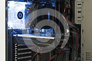 Close up view inside open midi tower computer case