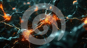 Neural Network Connection with Glowing Orange Light Illustration, Brain Synapse Activity