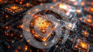 Futuristic Glowing Circuit Board with Complex Electronic Components and Data Flow Visualization