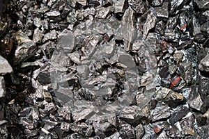 Close up view of the iron ore. rough Hematite, iron Kidney Ore stone. Pieces of ferrotitanium closeup. Close-up view of the iron