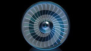 Close-up view jet engine blades. Animation of rotation turbine from turbojet airplane engine. Digital technology