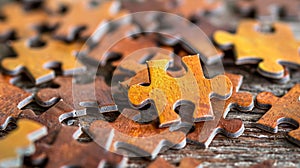 Close-up view jigsaw puzzle pieces scattered on wooden surface. Problem solving, challenge concept