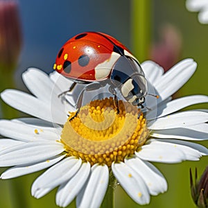 A close-up view of a ladybird on a daisy, the spots on its back contrasting with the white petals