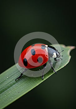 A close-up view of a ladybug (Coccinellidae) with a vibrant red body featuring distinct photo