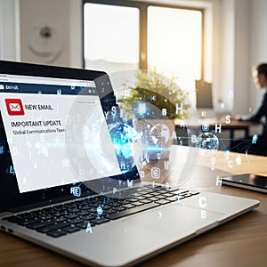 Modern laptop displaying data analytics with a blurred office environment and sunlight streaming in