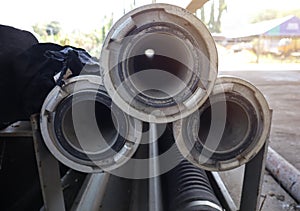 Close-up view of a large cable electrical conduit system in an industrial area  Selectable focus