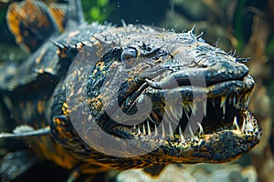 Close up View of a Large Predatory Aquatic Reptile Baring Sharp Teeth Underwater