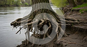 Gnarled Tree Roots Along Riverbank