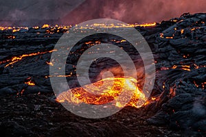 Close-up view of the lava flow of the newest eruption site in Fagradalsfjall volcano, Iceland