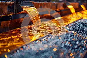 Close-up View of Liquid Molten Steel Flowing in Industrial Environment, Metallurgy and Manufacturing Process