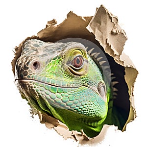 A close-up view of a lizard peeking out of a small hole in the wall, its eyes alert and body poised for movement.