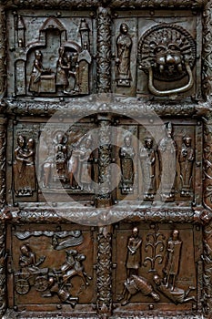 Close-up view of Magdeburg Gates of Sophia Cathedral, Veliky Novgorod, Russia