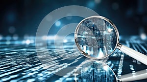 Close-up view of a magnifying glass highlighting binary code, emphasizing data analysis and technology in a light blue
