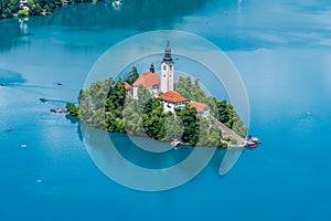 A close up view from the Mala Osojnica viewpoint towards the islet on Lake Bled, Slovenia