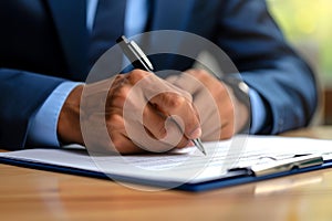 Close-up view of a male executive in a suit signing a legal document on a wooden desk