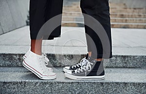 Close up view. Man with afrian american woman together in the city outdoors