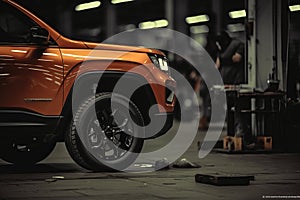 Close - up view of a mechanic at work, changing tires and wheels in a service center