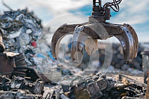 Close-up view on mechanical arm claw of crane at landfill.