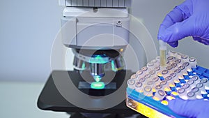 Close-up view of a medical scientist take out and examine small test tubes of vaccines.