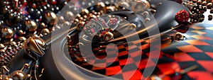 A close-up view of mesmerizing psychedelic colorful dice and an abstract roulette table.